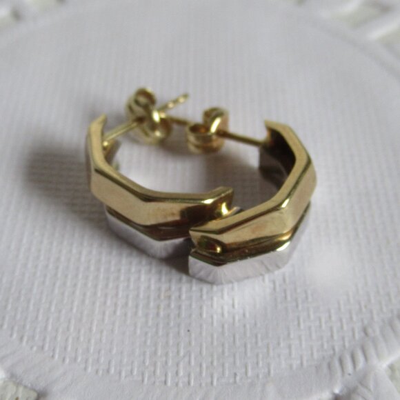 14k 2 tone, White & Yellow Gold Stud Earrings, 1/2 Octagon, Art Deco - Picture 2 of 11